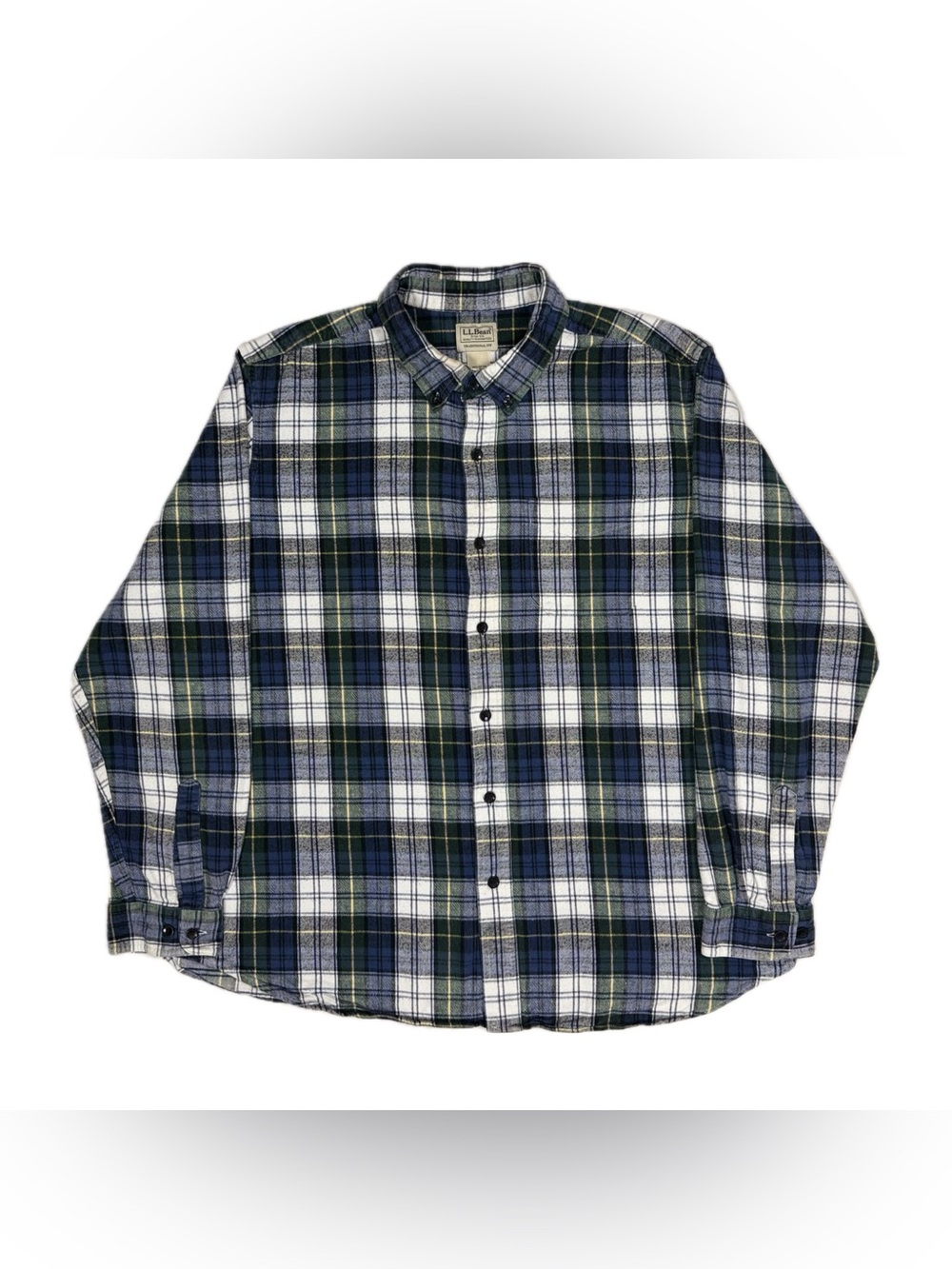 LL Bean White Green Navy Scotch Plaid Traditional Fit Flannel Shirt Men XL